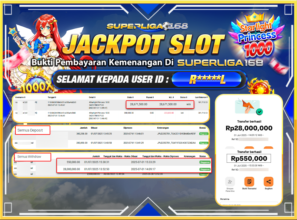 SUPERLIGA168 JACKPOT STARLIGHT PRINCESS 1000 Rp.28,550,000-