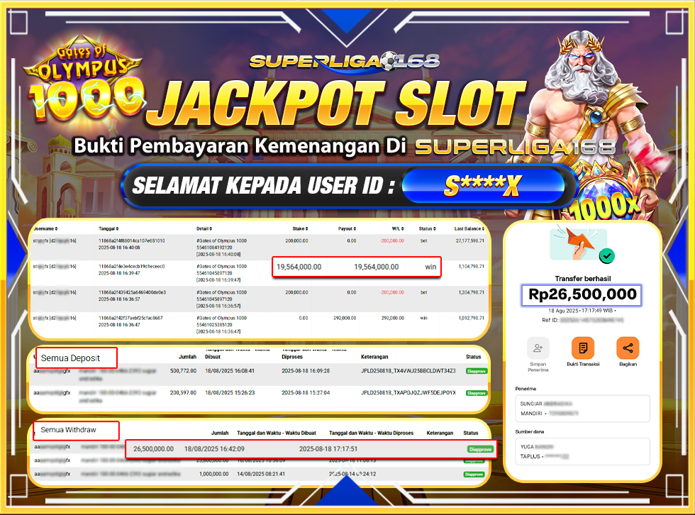 SUPERLIGA168 JACKPOT GATES OF OLYMPUS 1000 Rp.26,500,000-LUNASSS