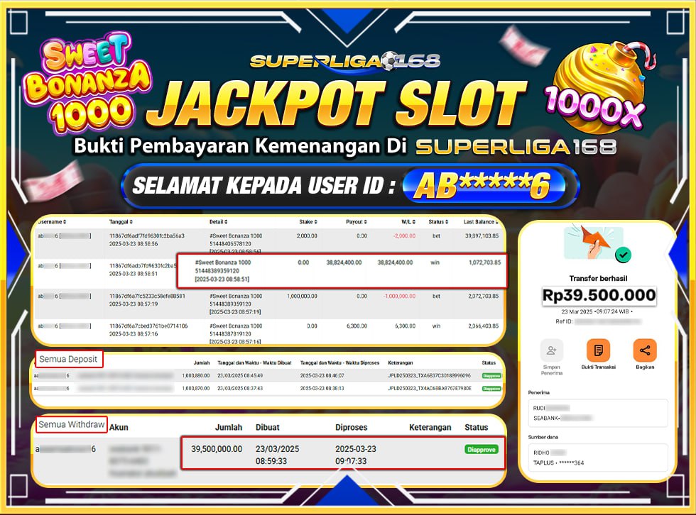 SUPERLIGA168 JACKPOT SWEET BONANZA 1000  Rp.39.500.000,- LUNAS